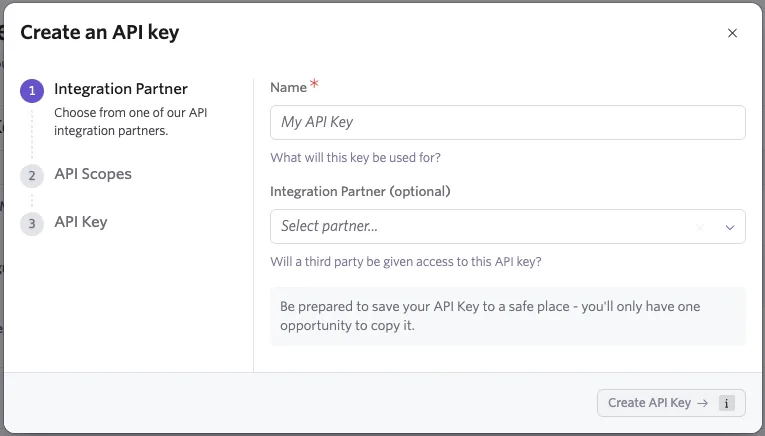 Ashby's Create an API key dialog, where you name the key and choose read-only scopes