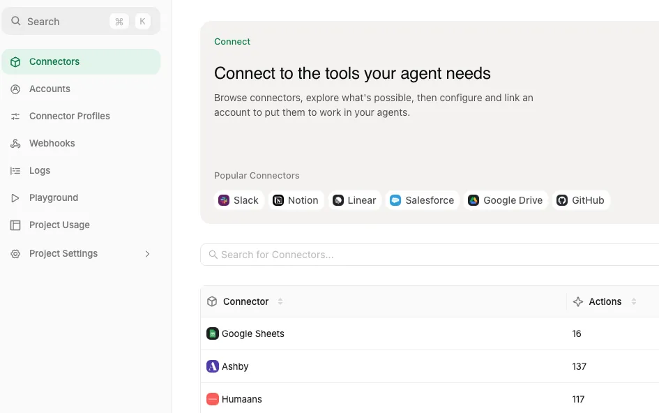 The StackOne connectors list showing Ashby with 137 available actions